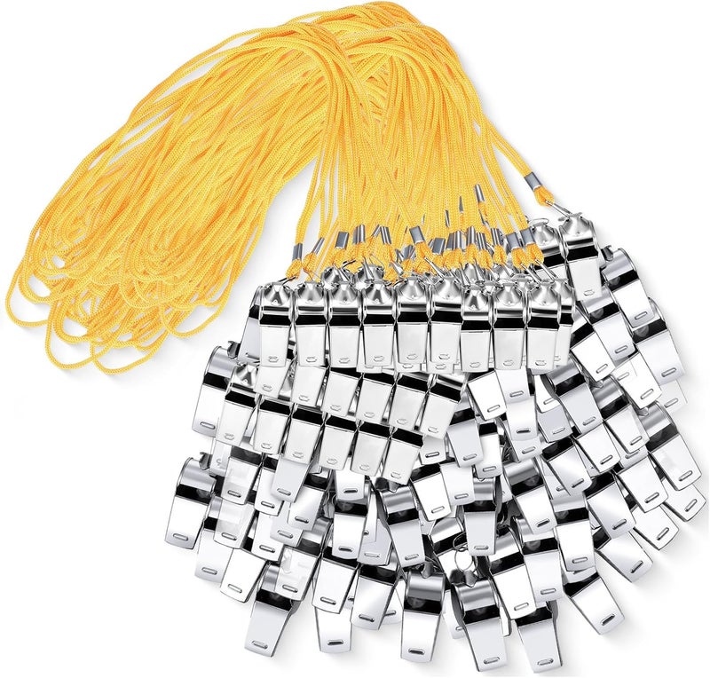 Kingdder 100 Pcs Metal Referee Whistle Bulk for Coach Whistles for Adults with Lanyard Stainless Steel Sports Whistle Emergency Loud Sound Whistle for Teachers Polices School Sports - Image 1
